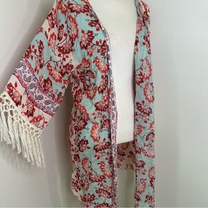 Democracy Red White Boho Top Fringe Floral Shawl Kimono Coastal LightWeight Open